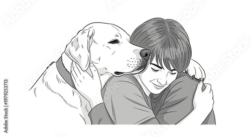 Happy person hugging a dog illustration