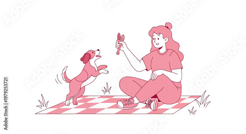 Happy woman plays with puppy on outdoor picnic blanket