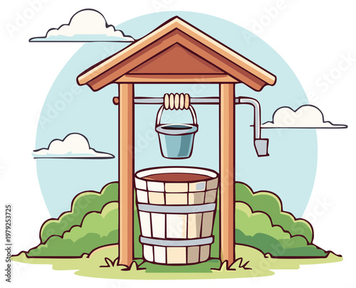Wooden well with bucket on pulley system in an idyllic landscape vector illustration
