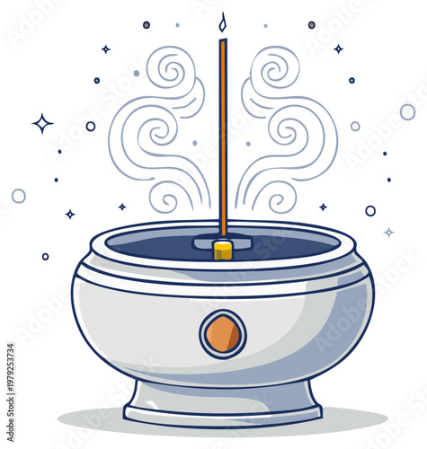 Lit incense stick burning in a traditional ceramic burner releasing aromatic smoke swirls