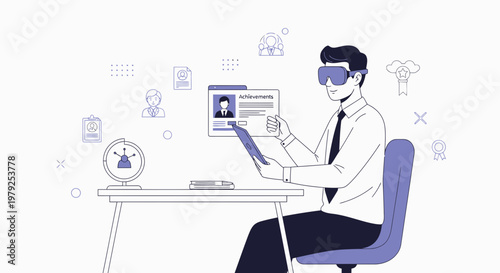 Man in VR headset reviewing achievements and career progress at desk