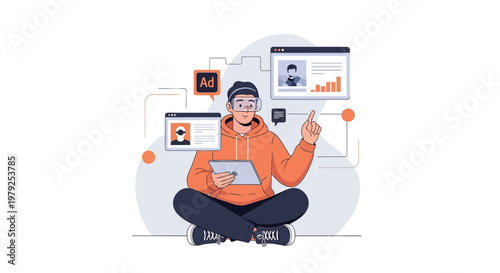 Man in VR headset using tablet, interacting with digital interfaces and ads