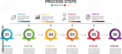 Process steps infographic vector with numbered workflow stages and icons for business strategy planning presentation and project management design