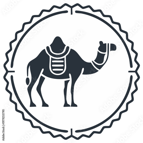 Stylized dromedary camel silhouette icon with a saddle inside a decorative round seal