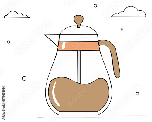 Illustration of a French press brewing coffee with clouds and dots on white.