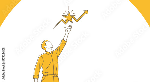 Man reaching for shining star with upward business growth arrow
