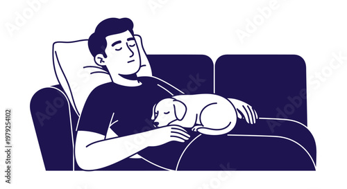 Man napping on sofa with dog sleeping on his chest