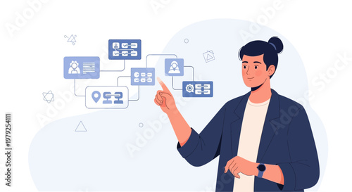 Man interacting with digital interface, business process visualization, data flow diagram