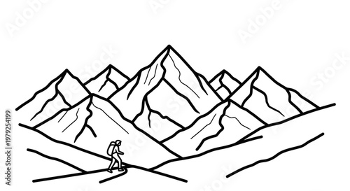Minimalist line art illustration of a person hiking in mountains