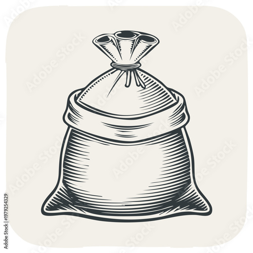 Classic old fashioned tied sack full of goods in a detailed vintage woodcut engraving style