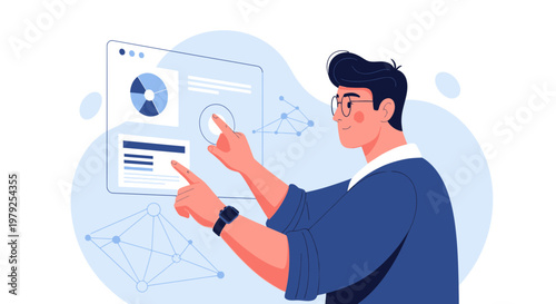 Man Interacting with Futuristic Digital Interface Showing Data Analytics and Network Connections