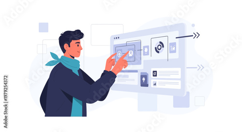 Man Interacting with Futuristic Digital Interface, UI/UX Design, Technology Concept
