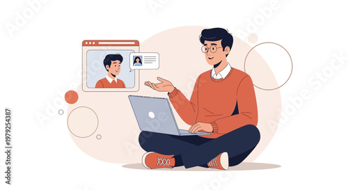 Man on Laptop Video Calling, Remote Work, Online Communication, Flat Design