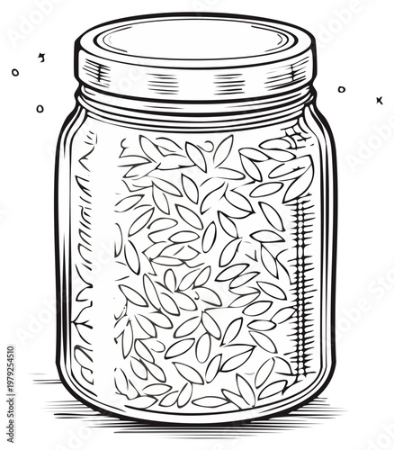 Vintage style line art illustration of a glass canning jar filled with uncooked rice grains
