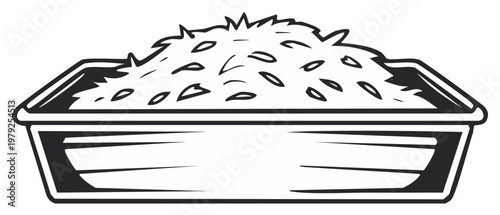 Black and white retro illustration of a baked casserole dish or dessert in a rectangular pan.