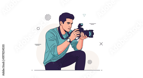 Man photographer crouching with DSLR camera and flash, creative illustration