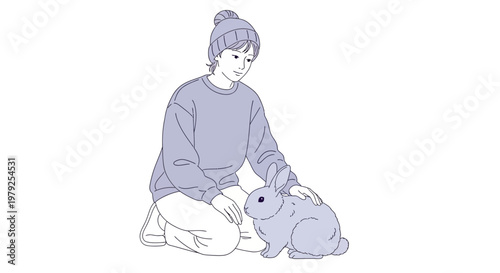 Person kneeling and gently petting a cute rabbit
