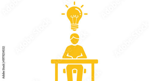 Person sitting at desk with light bulb idea illustration