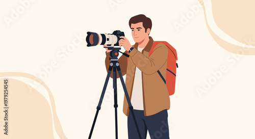 Man photographer with professional camera on tripod, travel backpack, outdoor shooting