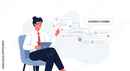 Man planning automated processes on tablet, business strategy visualization