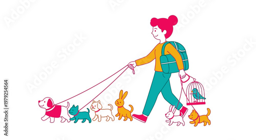 Pet owner walking various animals including dogs, cats, and a bird