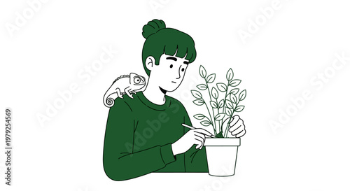 Person with chameleon on shoulder tending potted houseplant