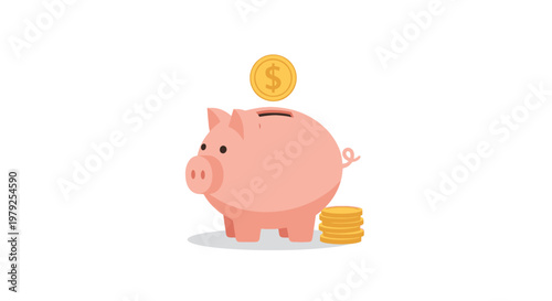 Pink Piggy Bank with Coins.