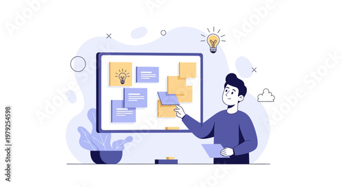 Man planning ideas on whiteboard with sticky notes and light bulb icon