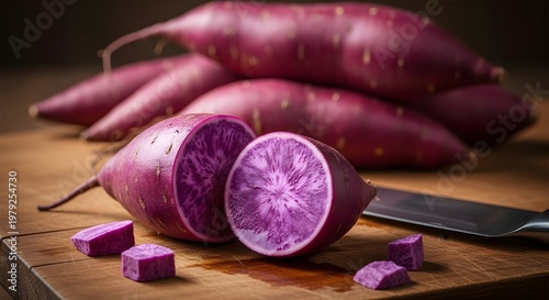 Group of raw purple yams on a wooden board with one sliced open to show the vibrant interior and a knife