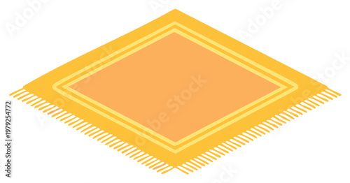 Isometric view of a vibrant fringed rug in yellow and orange tones for home decor