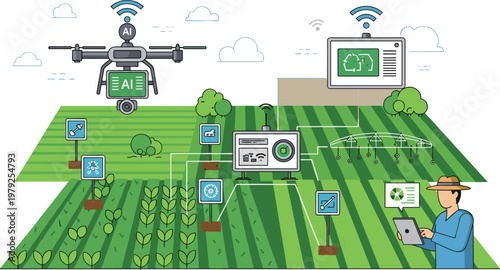 Precision agriculture vector illustration with drone crop monitoring smart farming technology farmer tablet control and automated field management system
