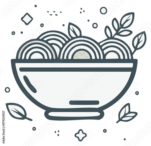 Line art illustration of a bowl of delicious Asian noodles or pasta garnished with fresh herbs