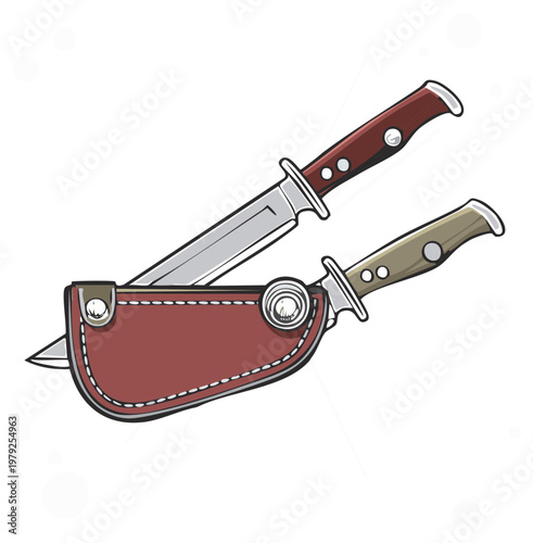 Hunting Knives Set with Leather Sheath Vintage Style Vector Illustration