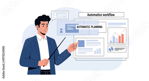 Man presenting automated workflow and planning with charts and graphs
