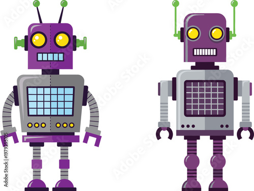 Two purple robots standing side by side on a white background with yellow eyes and gray accents
