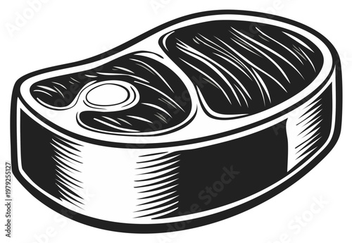 Stylized Raw Steak Illustration with Bone and Marbling Black and White