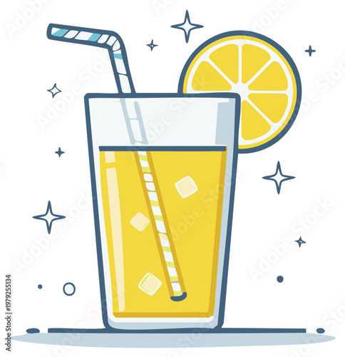 Refreshing summer drink in a glass with a lemon slice and straw, vector illustration
