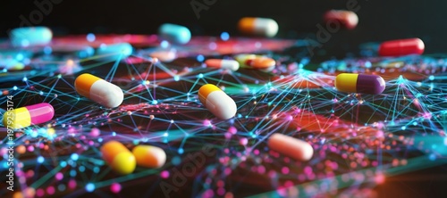 Colorful capsules scattered on a dark surface interconnected by glowing digital network lines, symbolizing pharmaceutical technology and data exchange.