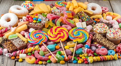 A massive pile of various colorful candies lollipops donuts and chocolates spread across a wooden surface