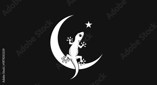 Cuadro en lienzo Stylized gecko on crescent moon and star illustration against black backdrop