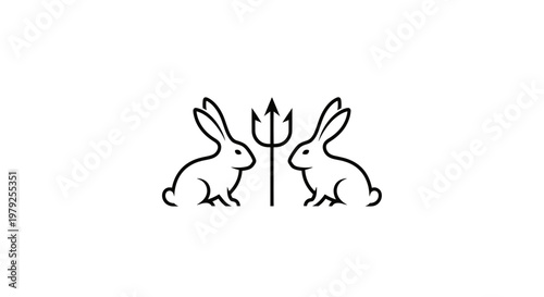 Rabbit silhouettes facing a trident symbol on white background
