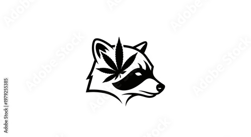 Raccoon head profile with marijuana leaf icon isolated on white background