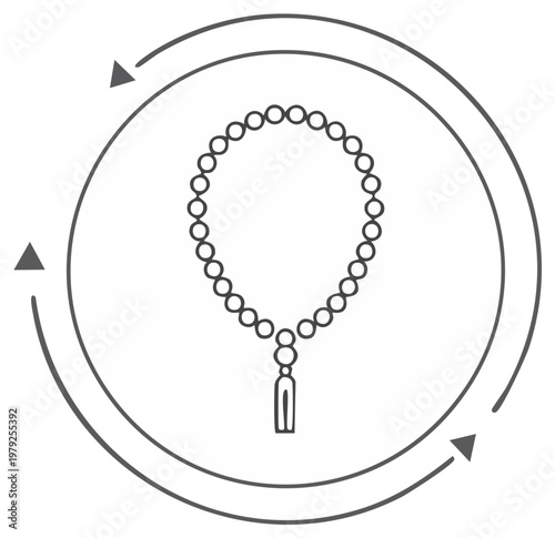 Prayer beads string outline icon with circle arrow rotation symbol spirituality mindfulness faith religion rosary necklace outline