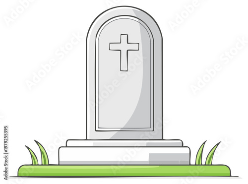 Gravestone with Cross on Grass Vector Illustration, Funeral Concept, Cemetery Marker Stone