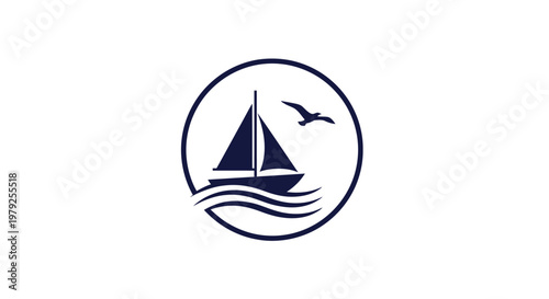 Sailboat and seagull icon on white background symbolizing travel