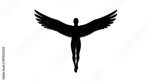 Silhouette of a person with outstretched wings against a white background