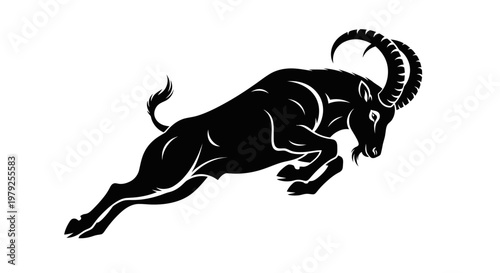 Silhouette of a leaping ibex against white background graphic illustration