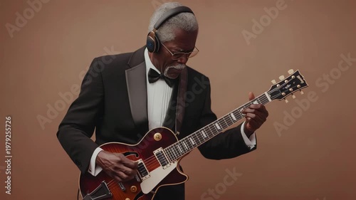 Elegant Senior Musician passionately Playing Electric Guitar in Formal Attire with Headphones blending timeless elegance with modern musical expression