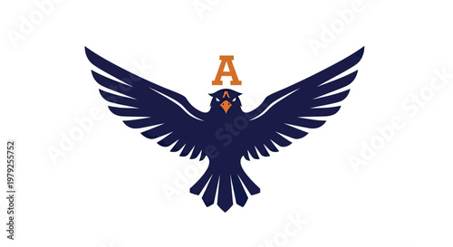 Stylized bird symbol with letter a and wings outstretched on white