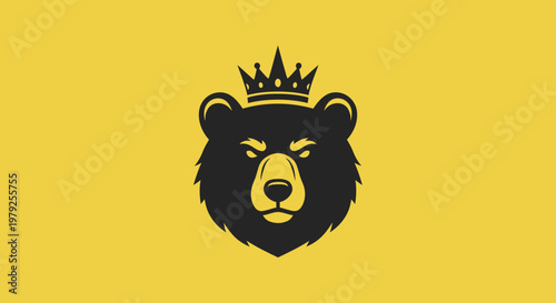 Stylized bear head with crown on yellow background icon design